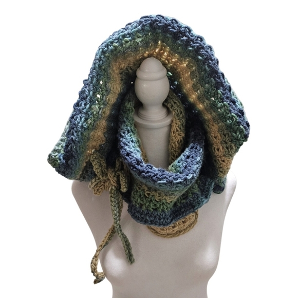 Hand Crafted Crochet Multicolored 10-way scarf winter hoodie handmade blue shawl - Picture 14 of 17